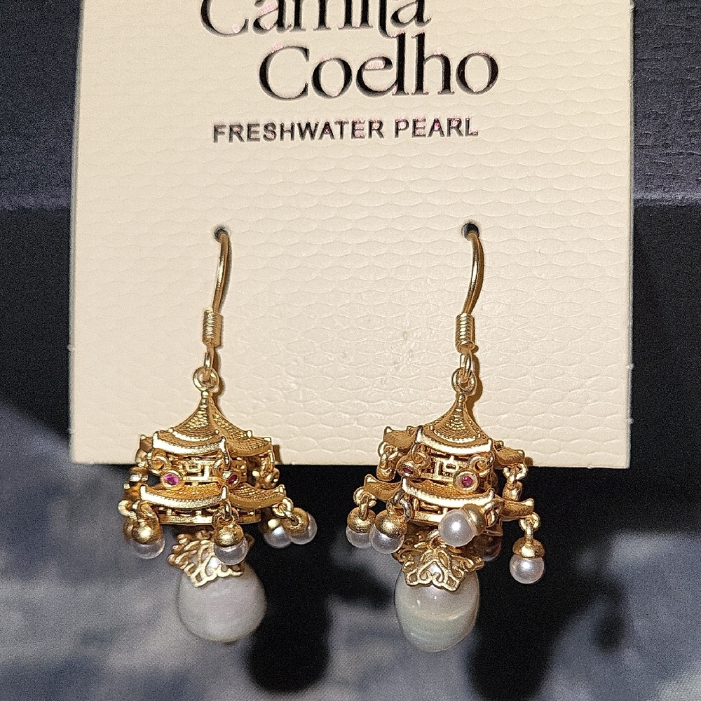 Camila Coelho Pagoda Inspired and Pearl Drop Earrings Brand New Ta